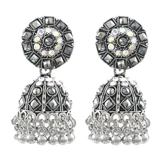 Silver Oxidised Crystal Jhumka Earrings