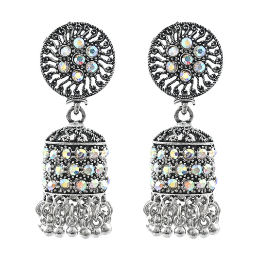 Silver Oxidised Multicolor Crystal Jhumka Earrings