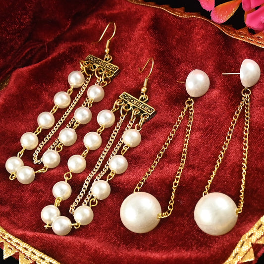 2 Long Hanging Earrings Combo with White Pearls