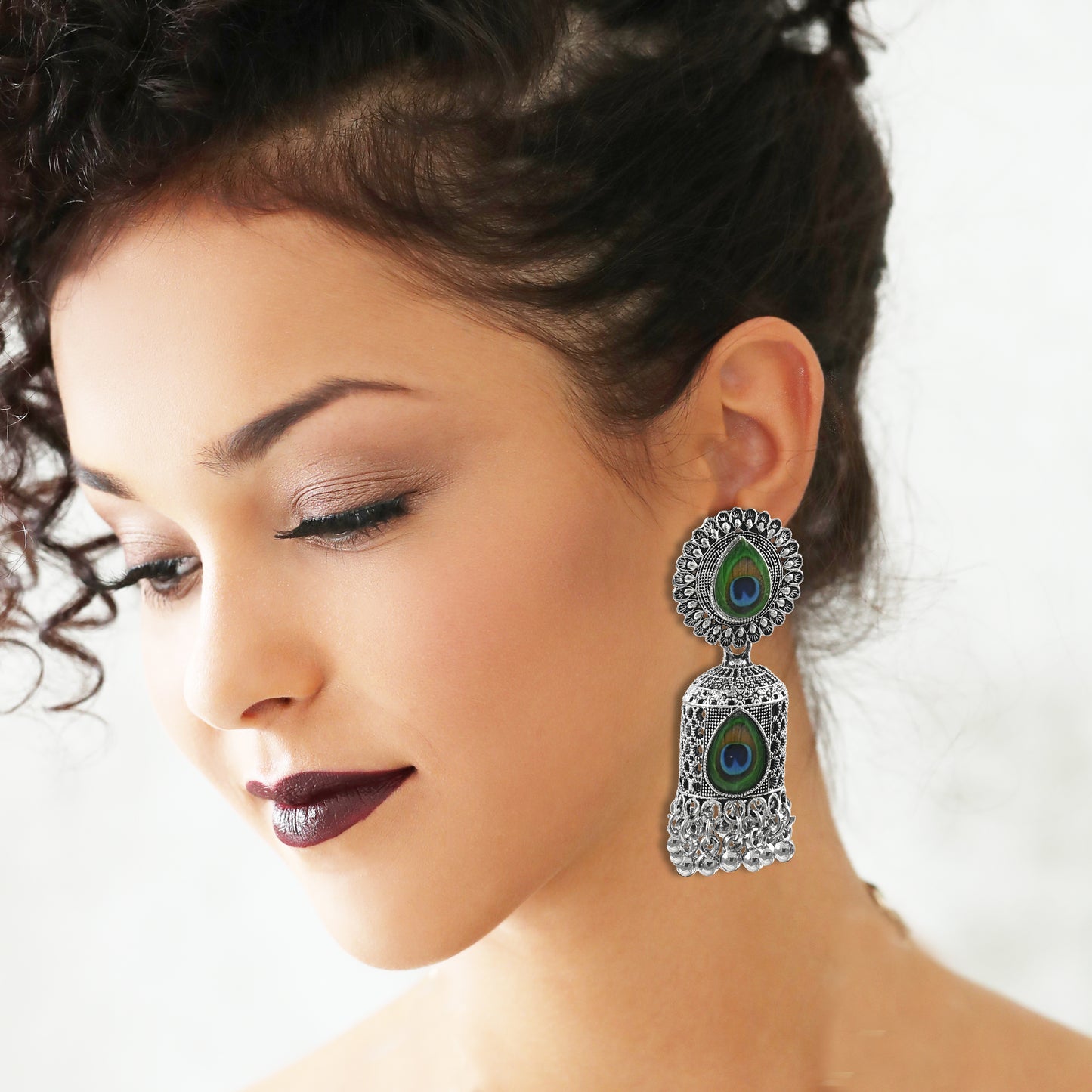 Silver Oxidised Peacock Jhumka Earrings