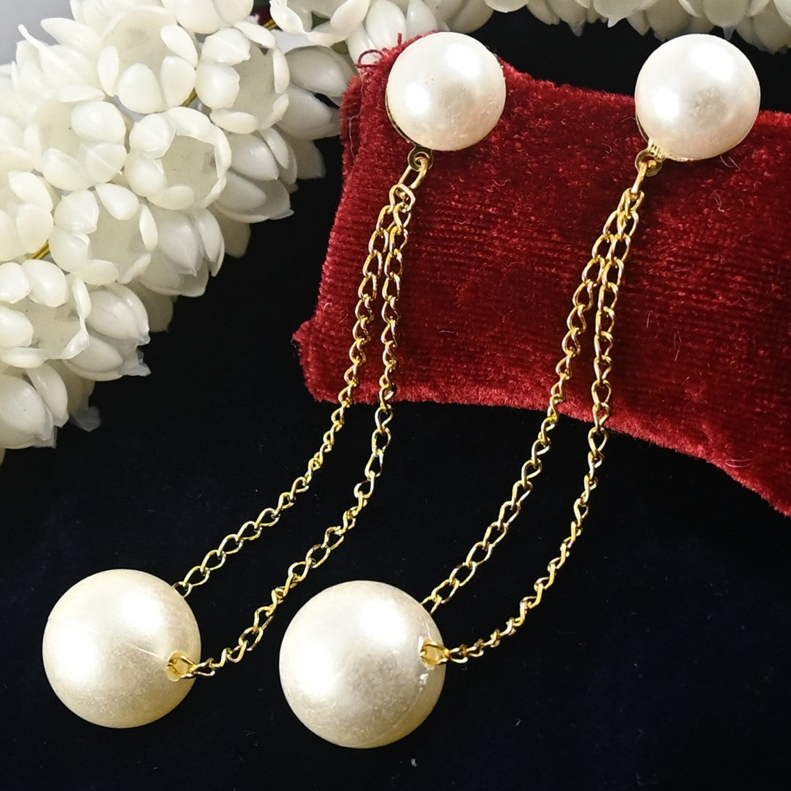 Gold Chain Earrings with White Pearls