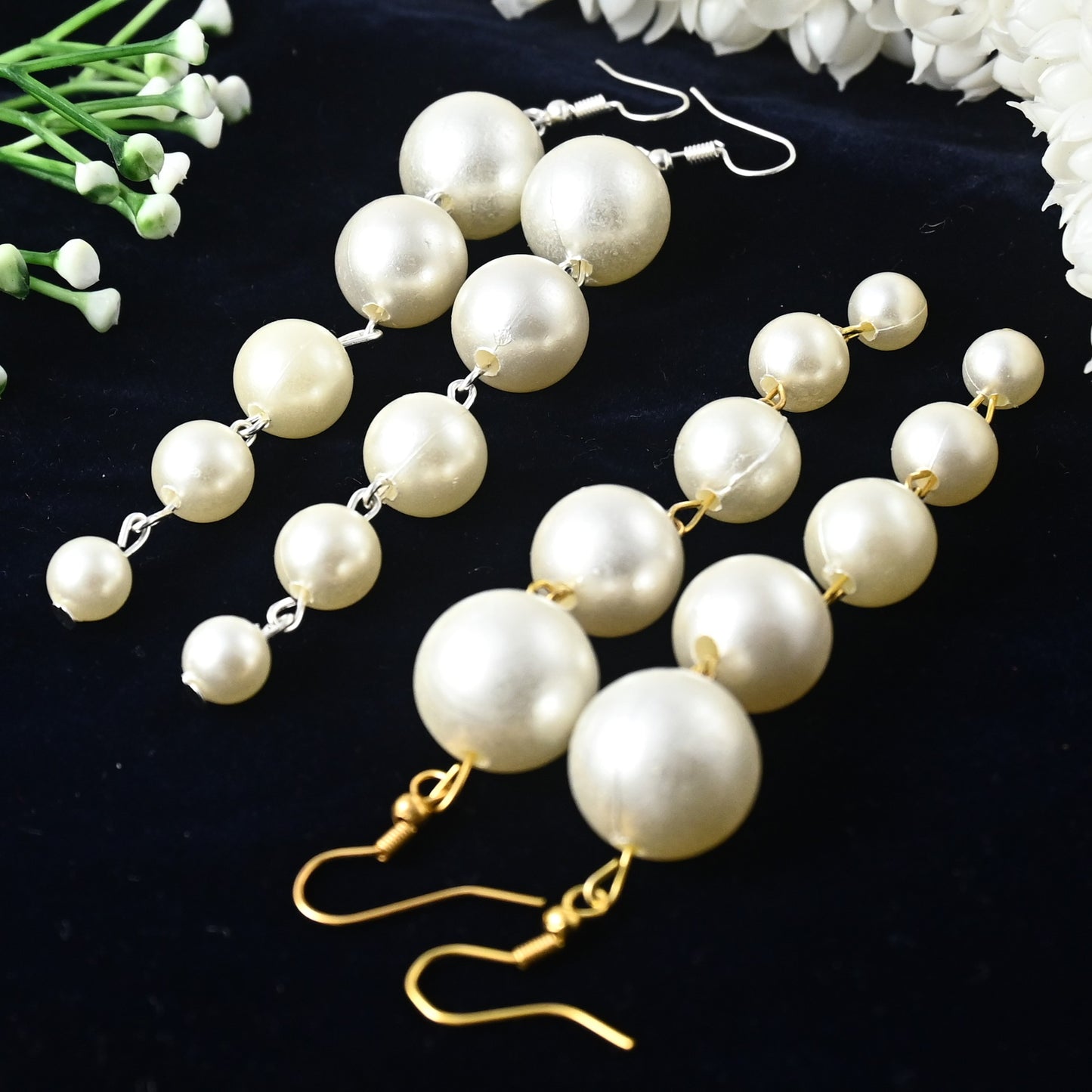 Long White Pearls Moti Earrings - Combo