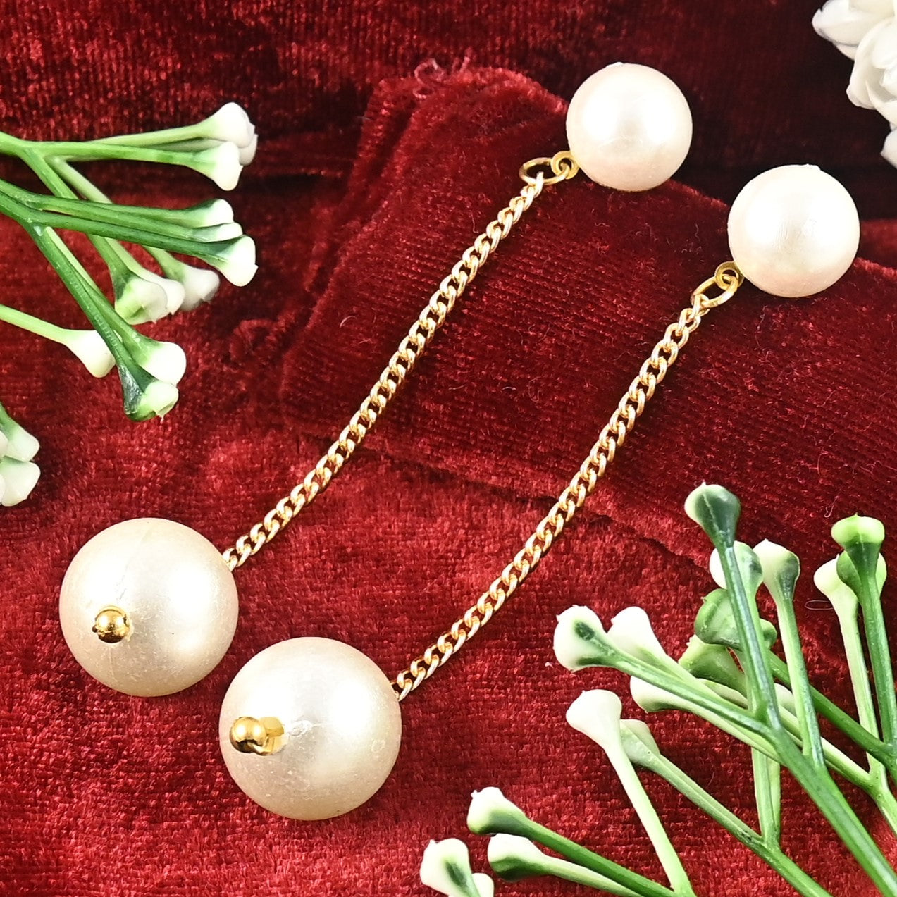 Long Gold chain earrings with White Pearls