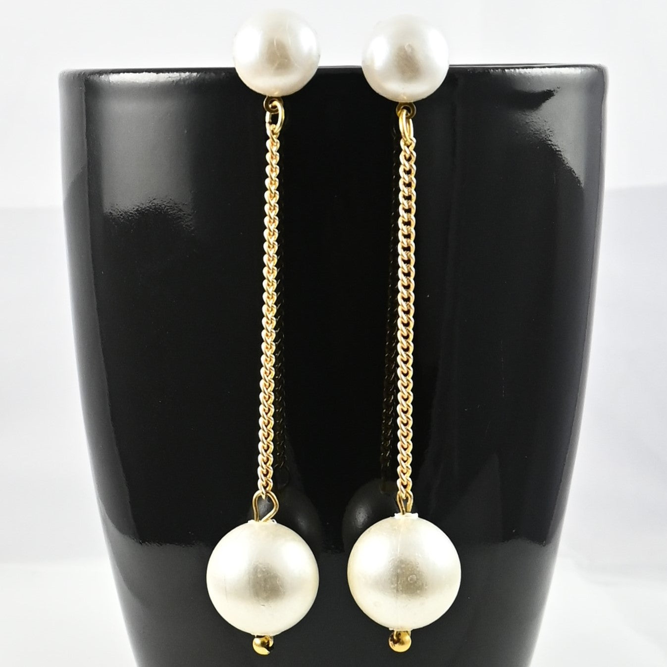 Long Gold chain earrings with White Pearls