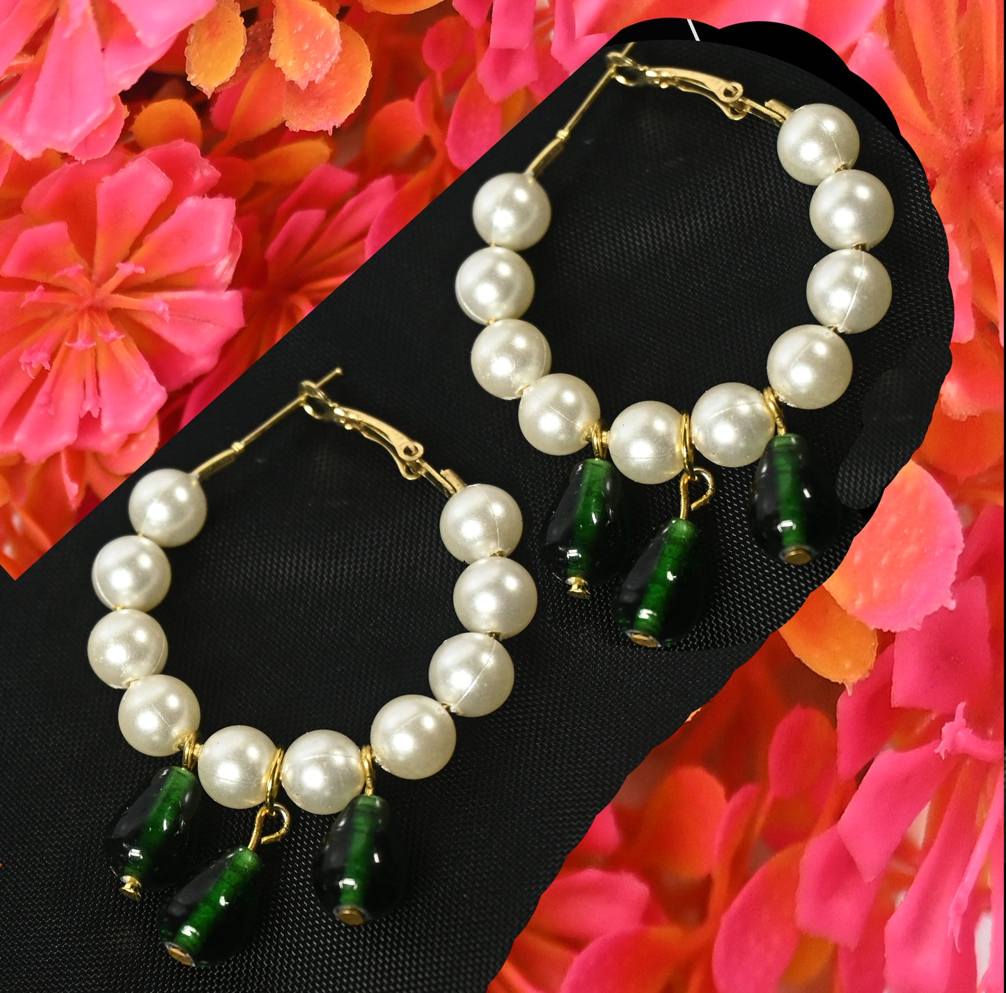 Hoop Earrings with White & Green Pearls