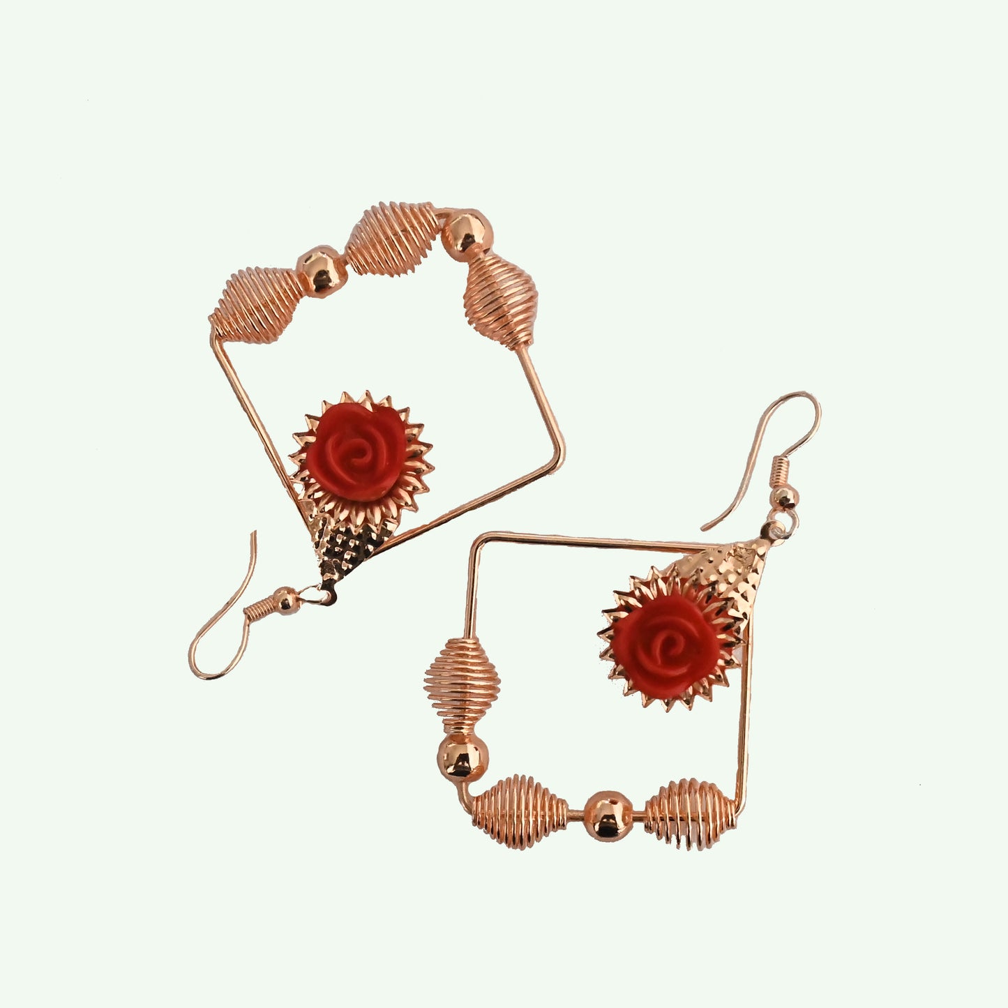 Gold plated Rose Flower Earrings- Red