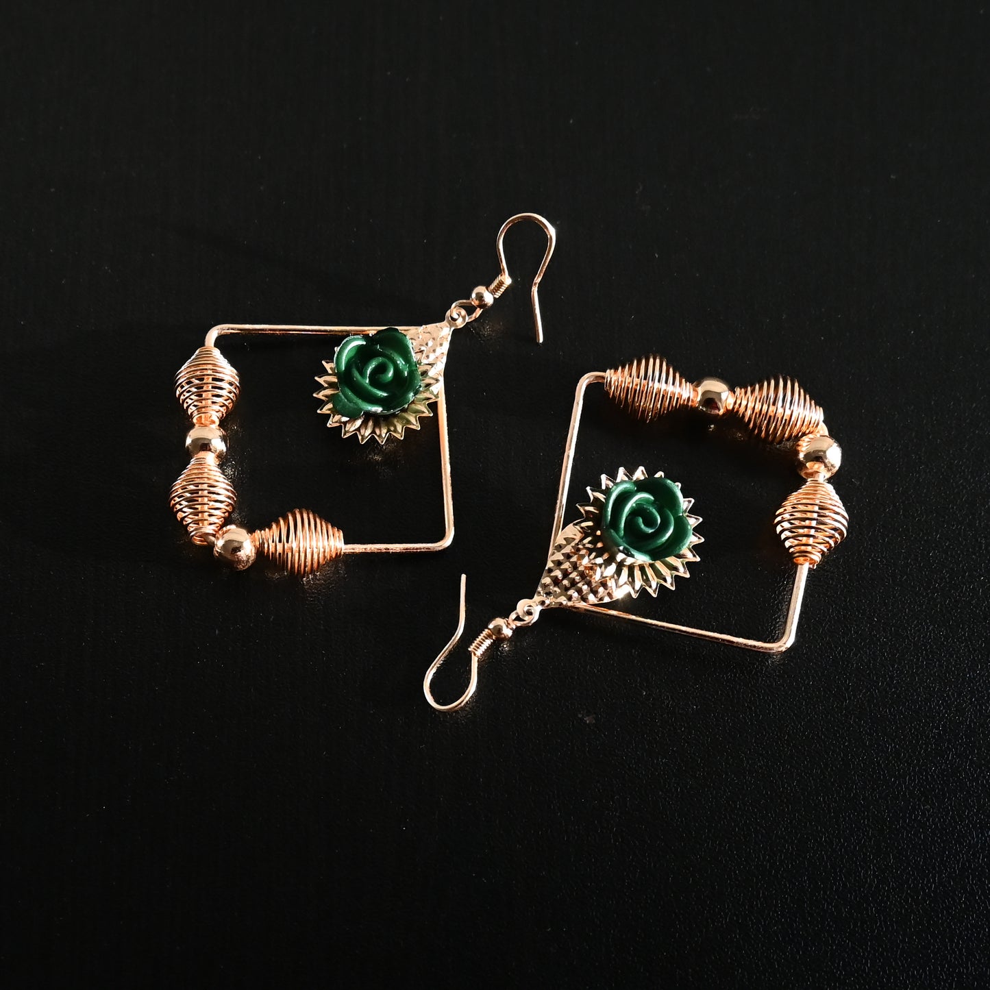 Gold plated Rose Flower Earrings- Green