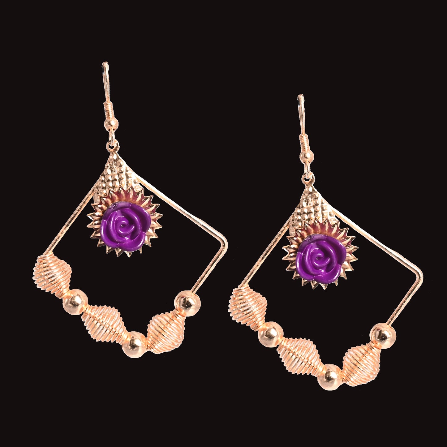 Gold plated Rose Flower Earrings- Purple