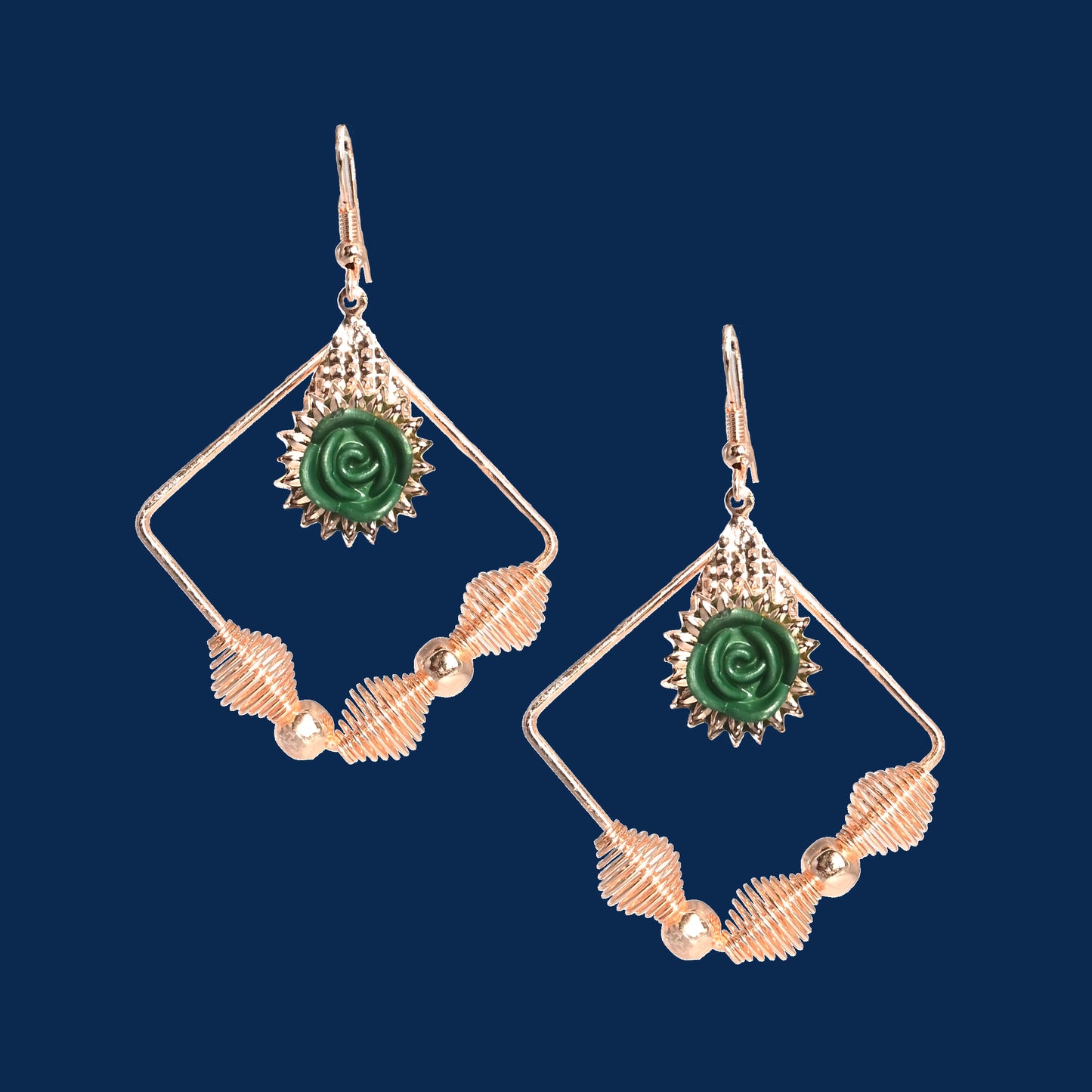 Gold plated Rose Flower Earrings- Green