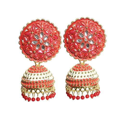 Gold Plated Pearl Jhumka Earrings- Orange & White