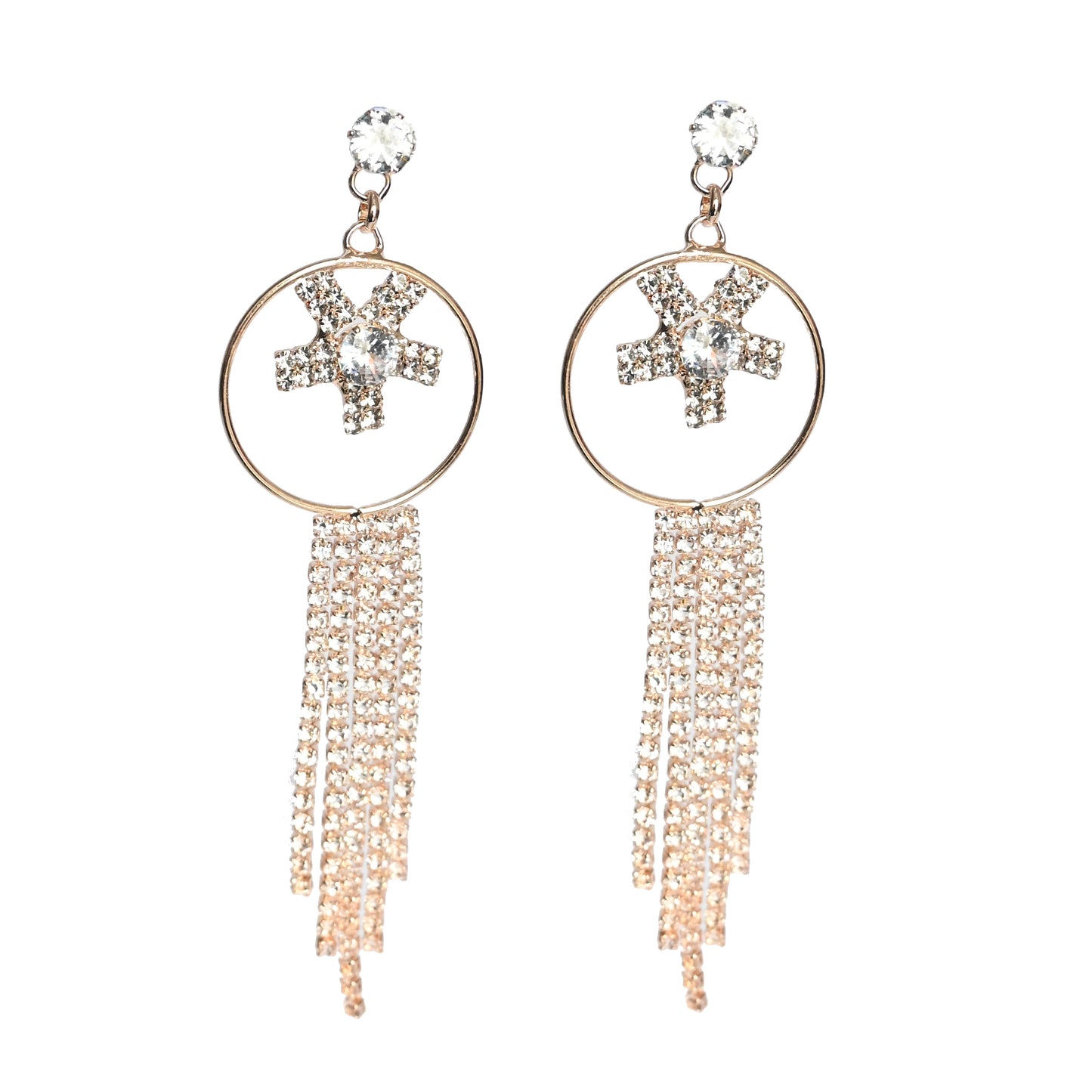 Gold Plated Long Round Earrings with Crystals