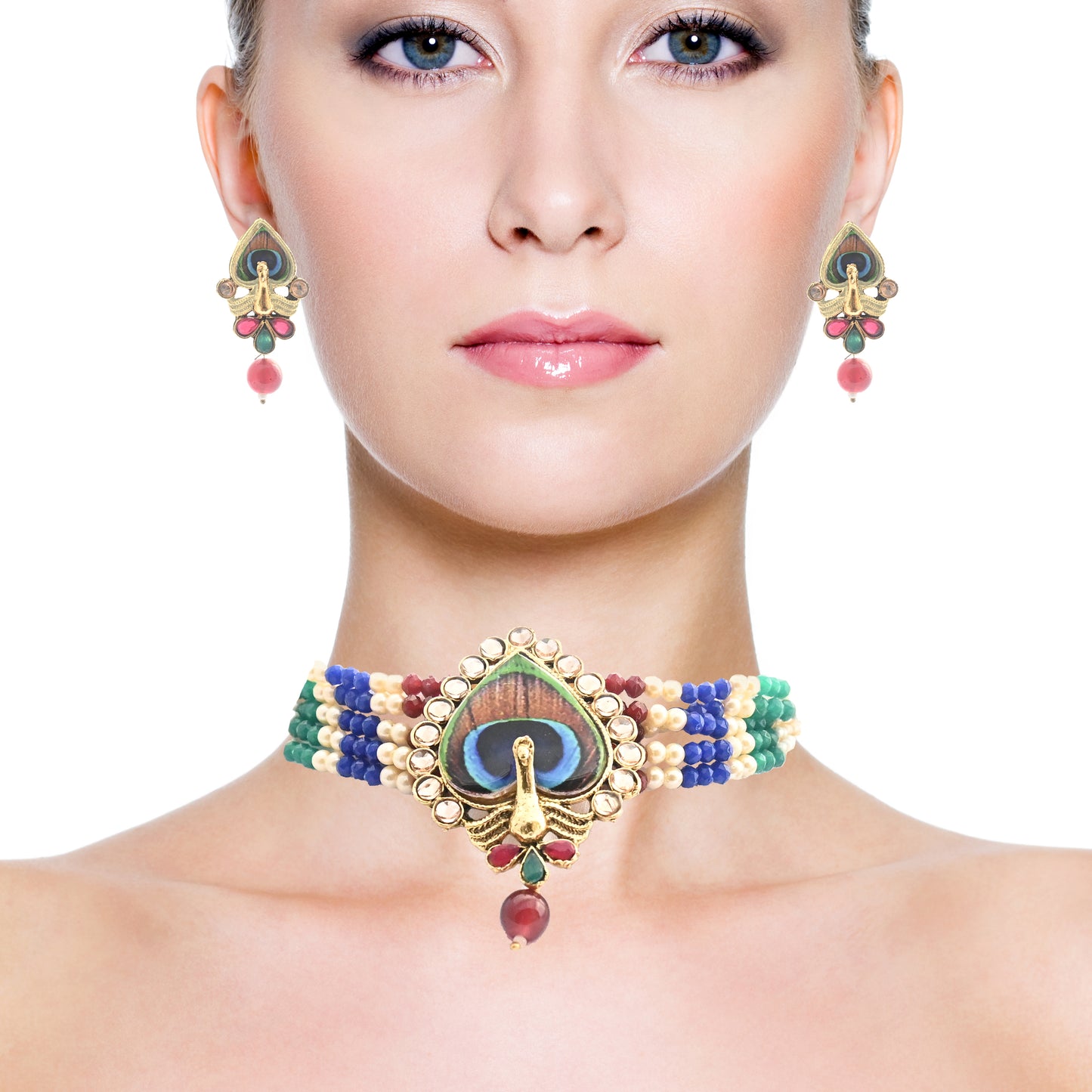 Multicolour Choker Necklace Set with Pearls & Kundan