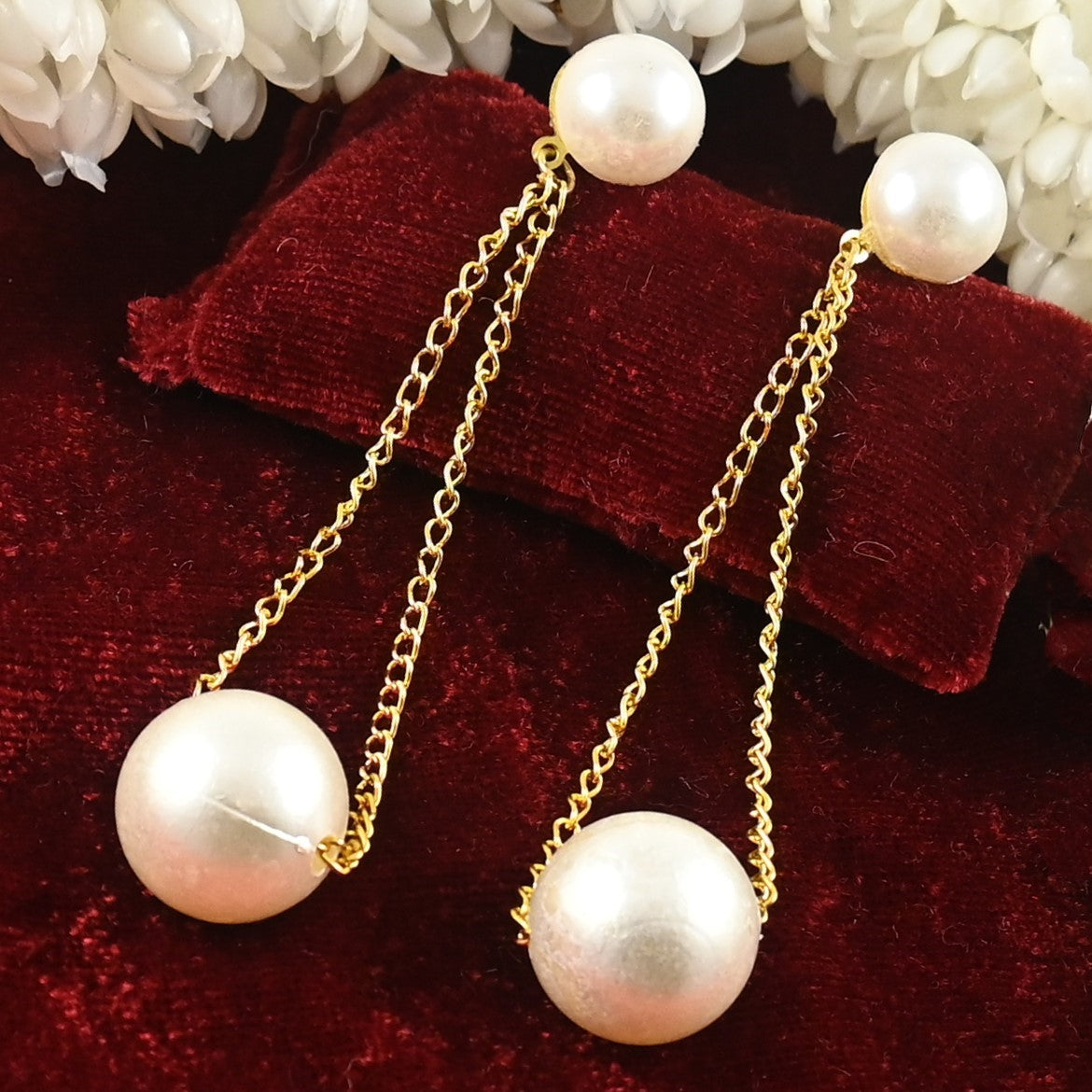 Gold Chain Earrings with White Pearls