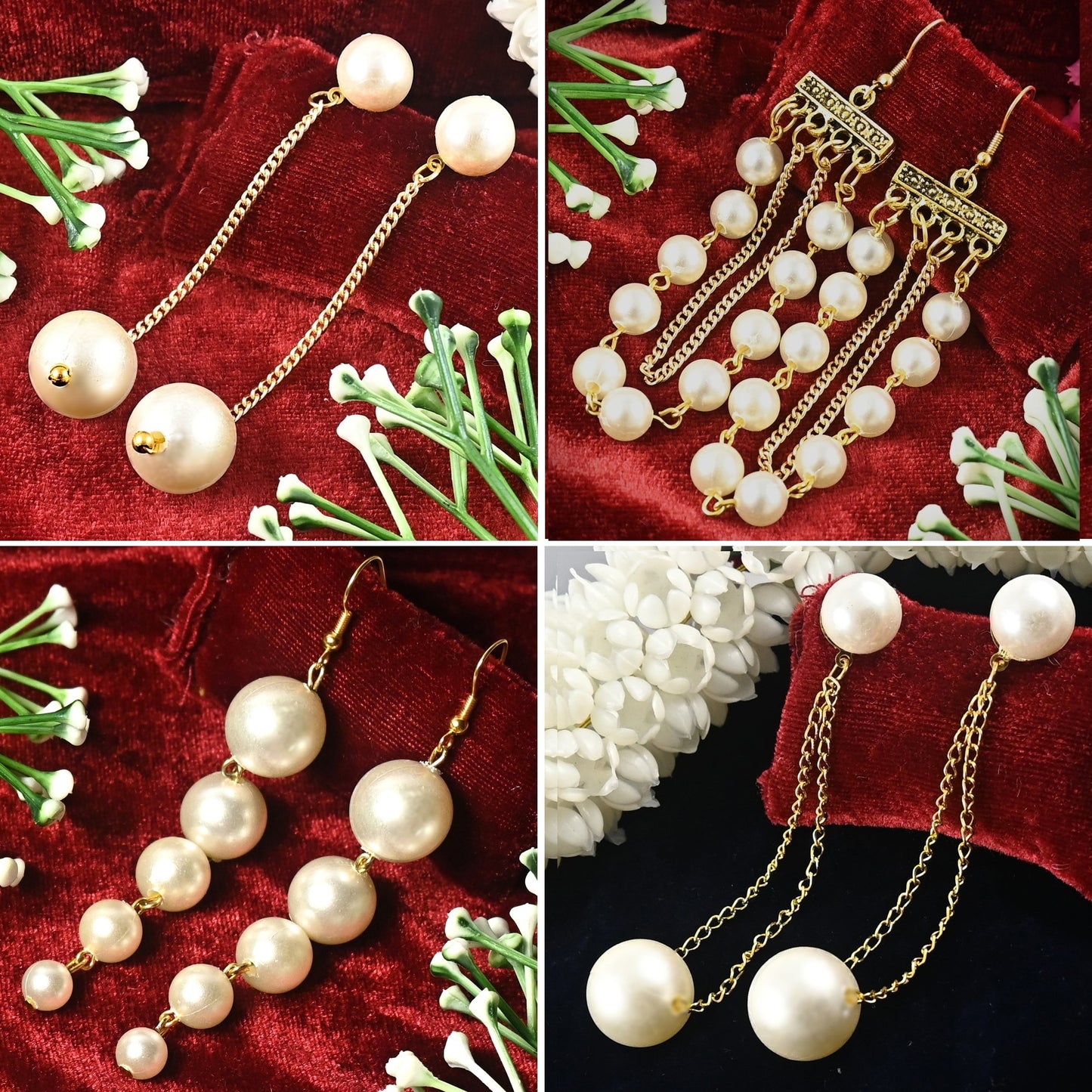 4 Long Earrings Combo with White Pearls