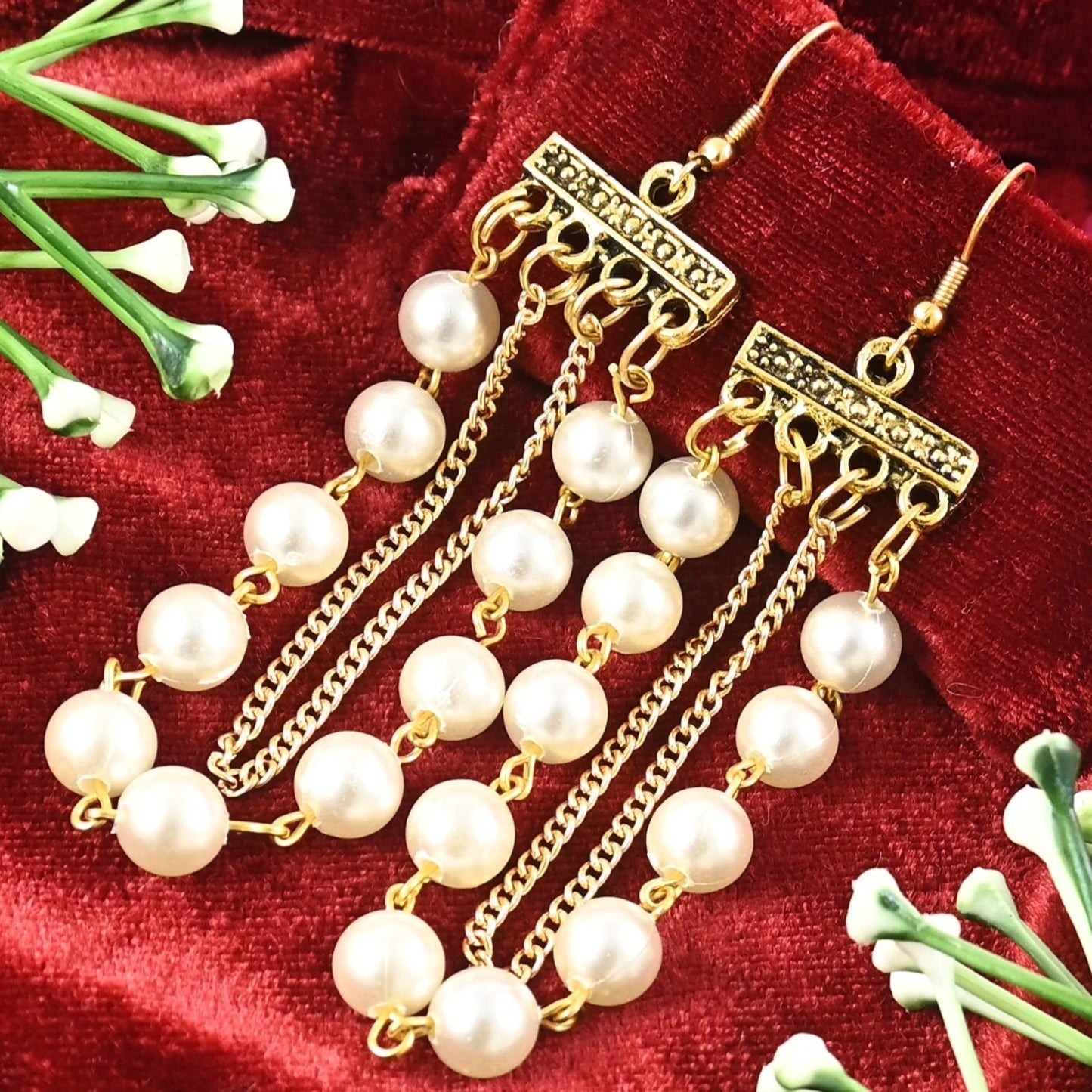 Long chain earrings with White Pearls