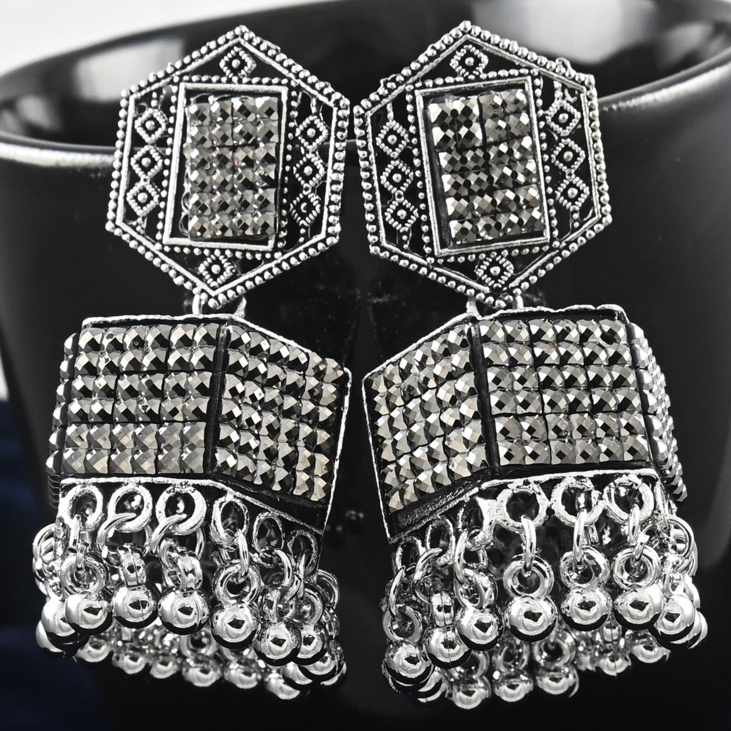 Silver Oxidised Jhumka Earrings with Pearls