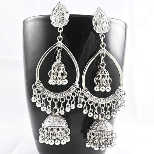 Long Dangle Silver Jhumka Earrings