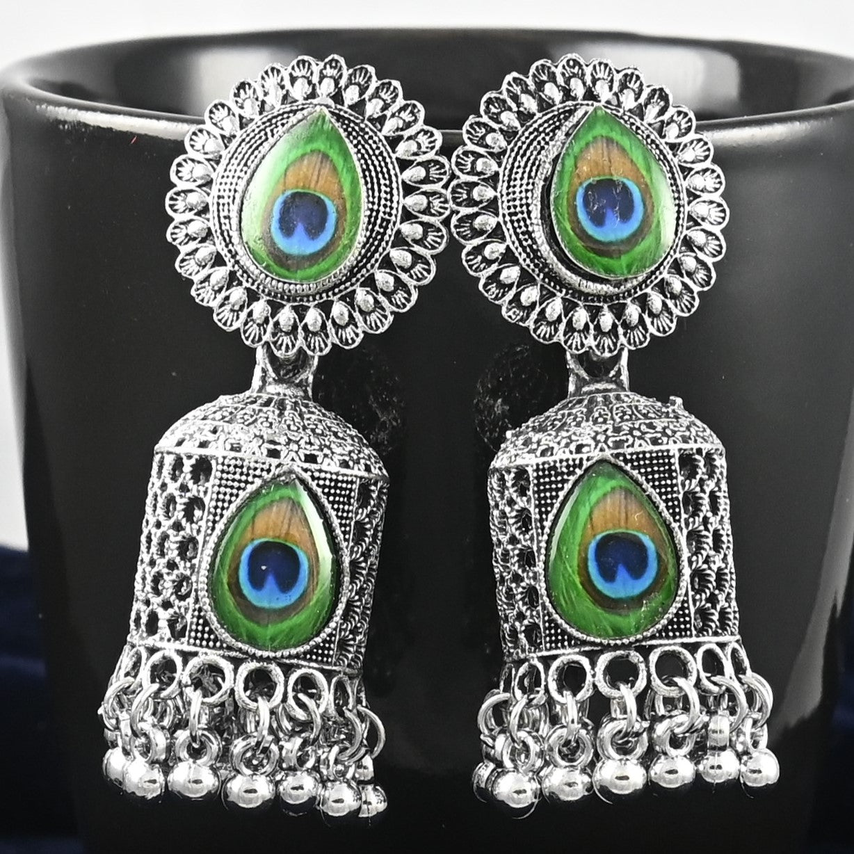 Silver Oxidised Peacock Jhumka Earrings