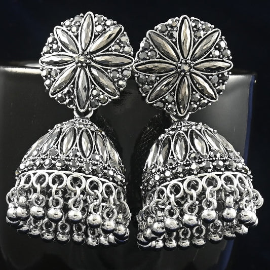 Silver Oxidised Jhumka Earrings with Pearls