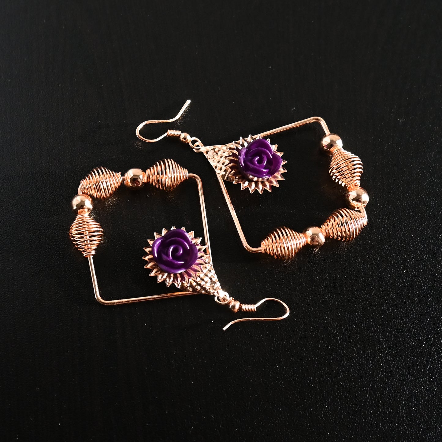 Gold plated Rose Flower Earrings- Purple