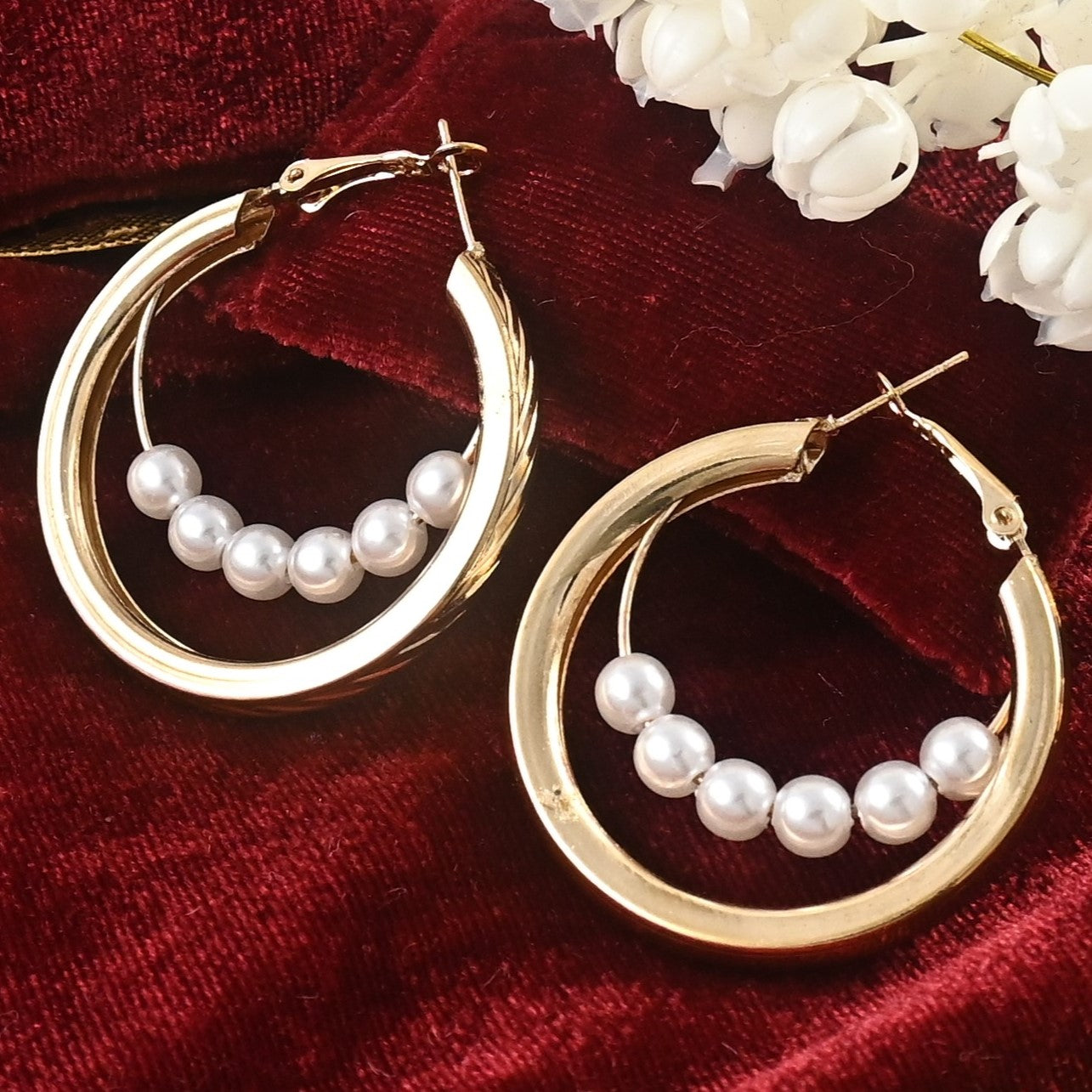 Golden Hoop Earrings with White Pearls