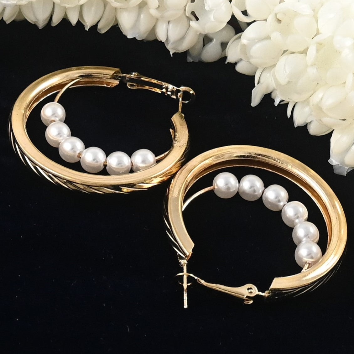 Golden Hoop Earrings with White Pearls