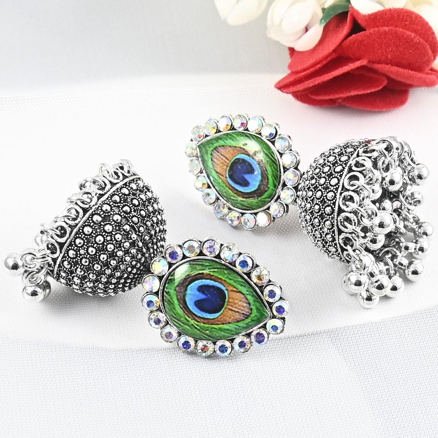 Oxidised Jhumka with Pearls & Crystals- Peacock