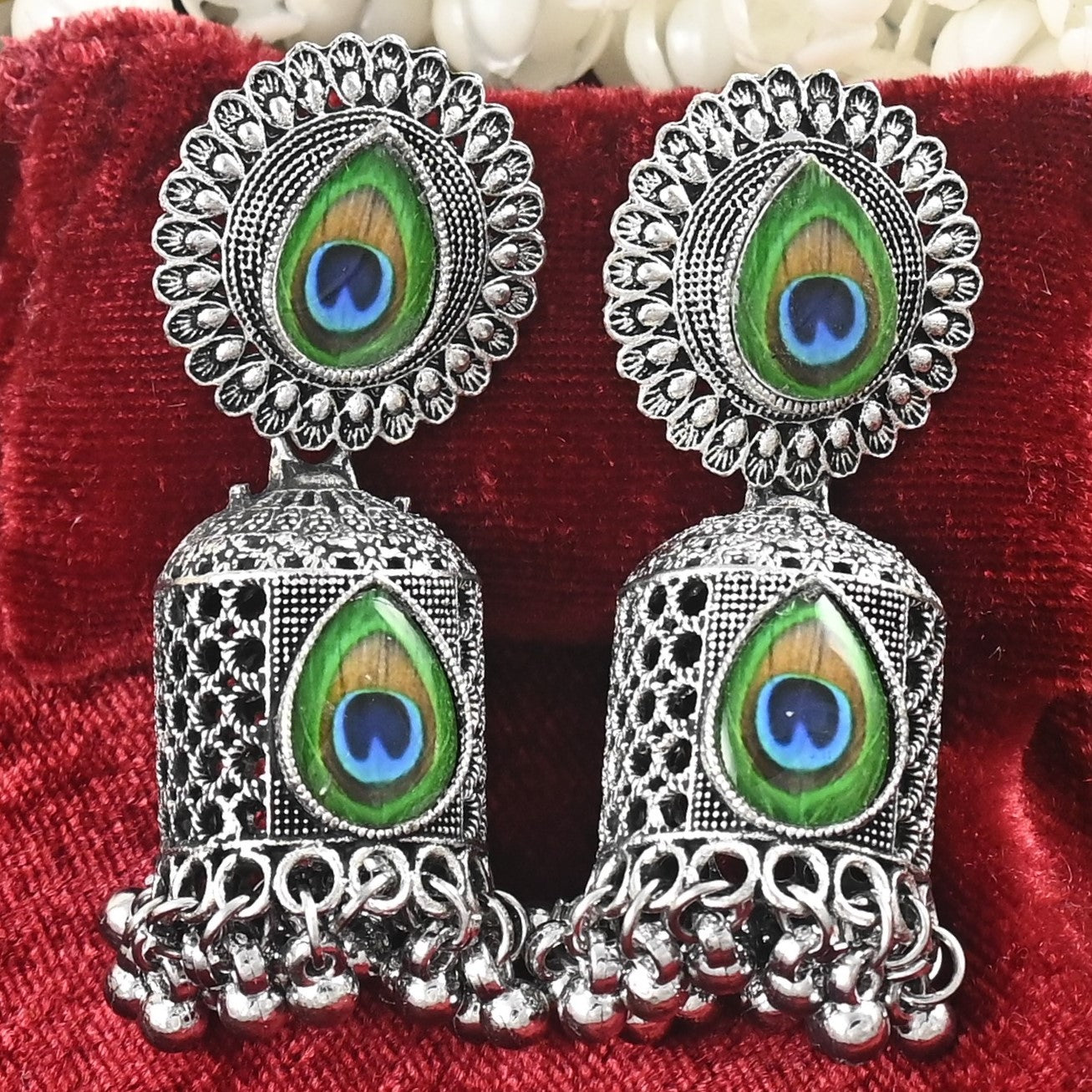 Silver Oxidised Peacock Jhumka Earrings