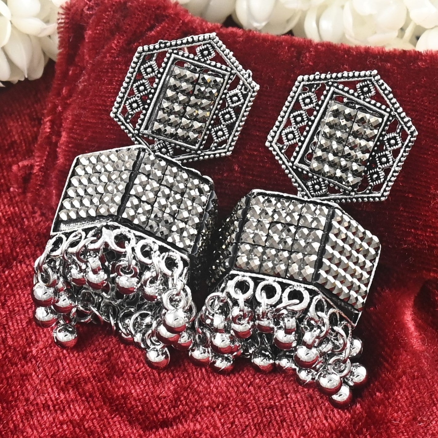 Silver Oxidised Jhumka Earrings with Pearls