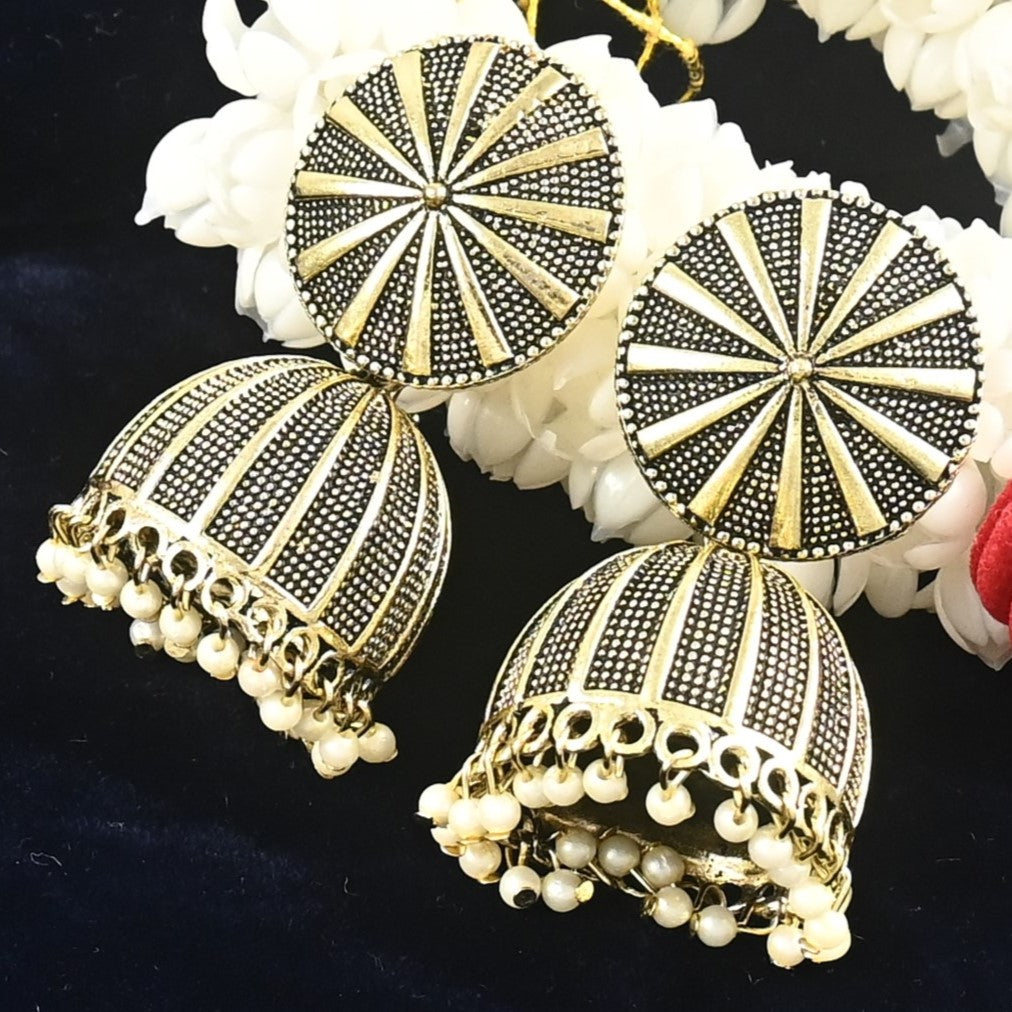 Golden Oxidised Jhumka Earrings with Pearls