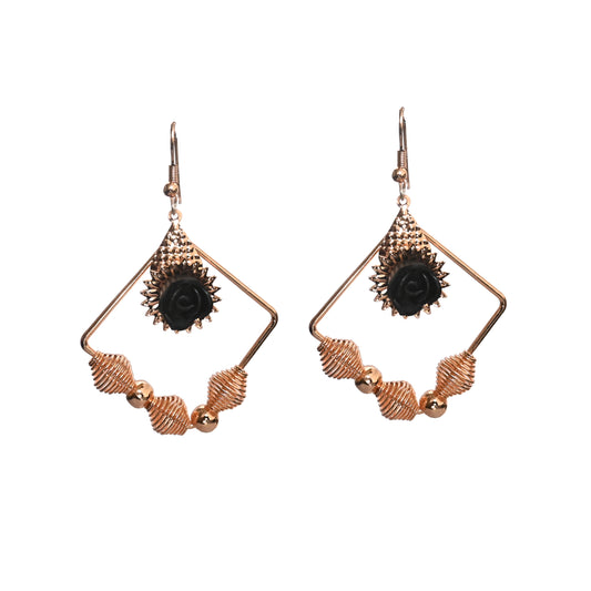 Gold plated Rose Flower Earrings- Black