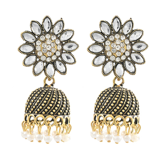 Golden Oxidised Jhumka Earrings with Crystals