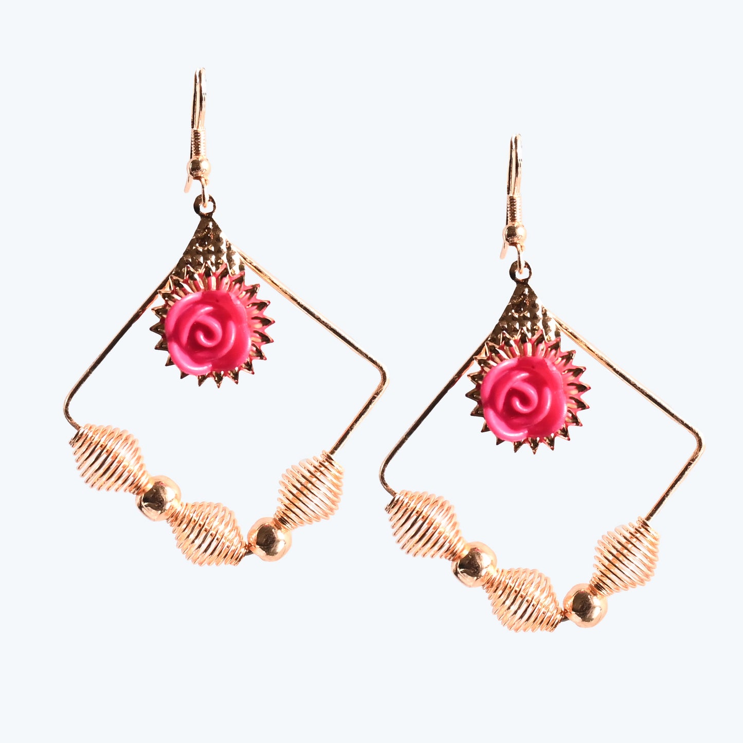 Gold plated Rose Flower Earrings- Pink