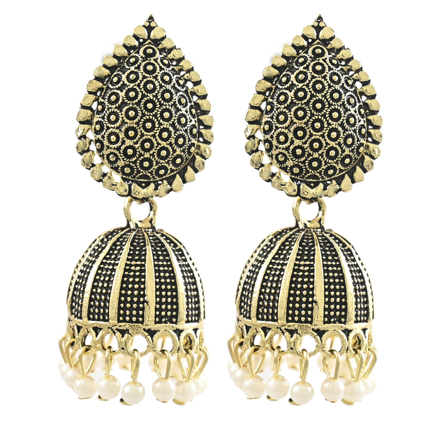 Golden Oxidised Jhumka Earrings in Peacock Shape