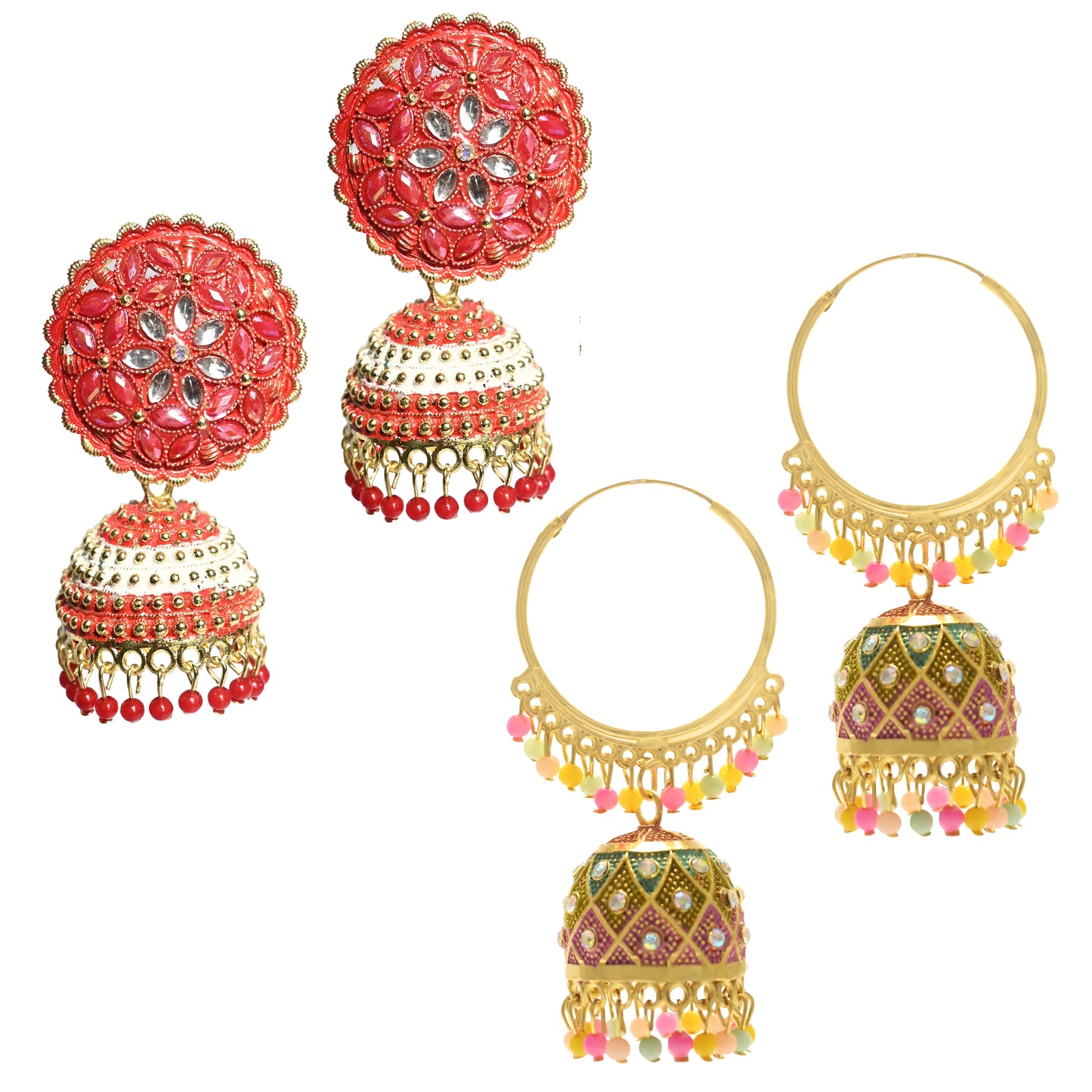 Ethnic Orange & Multicolour Pearl Jhumka Combo