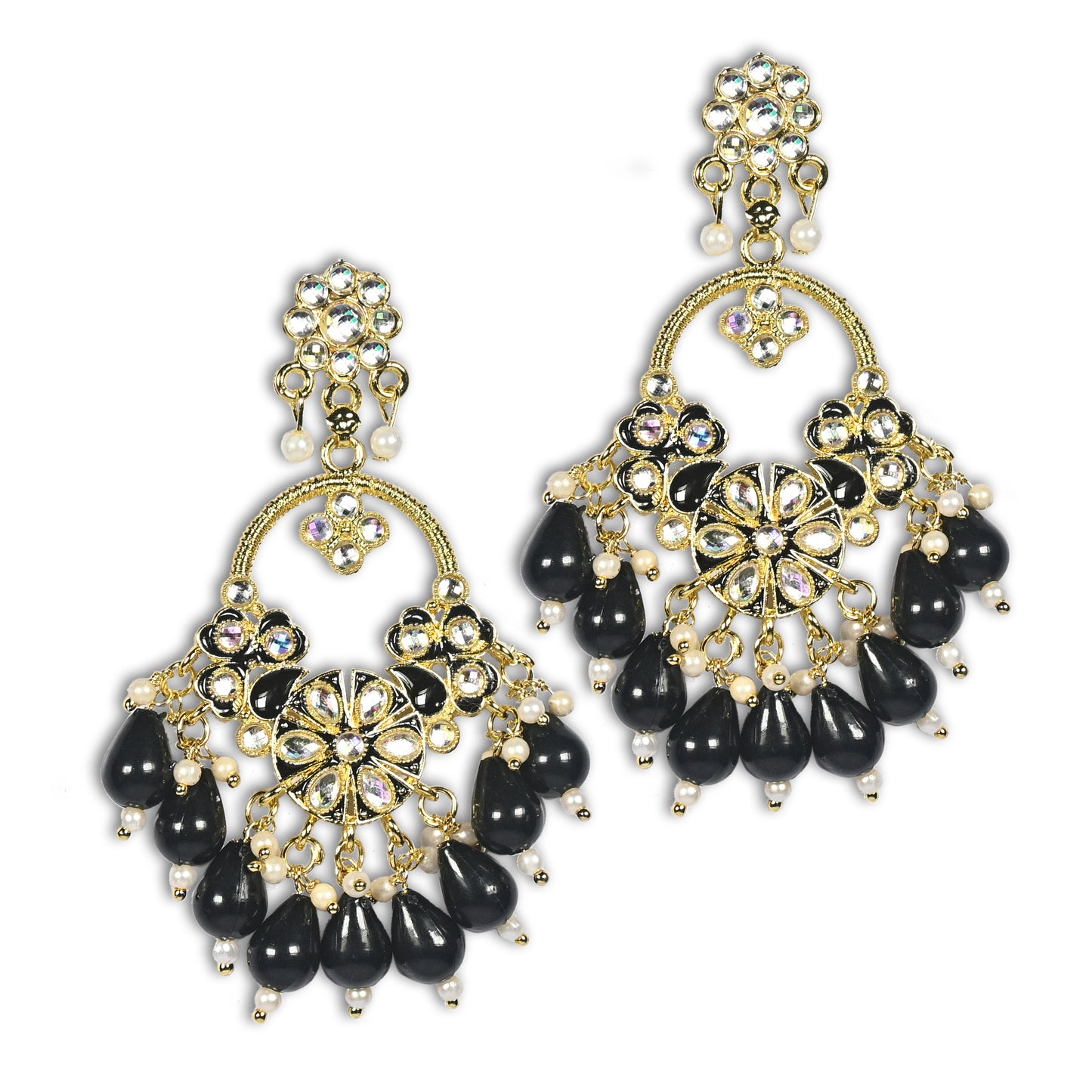 Pearl Kundan Dangle Earrings with Black Stones