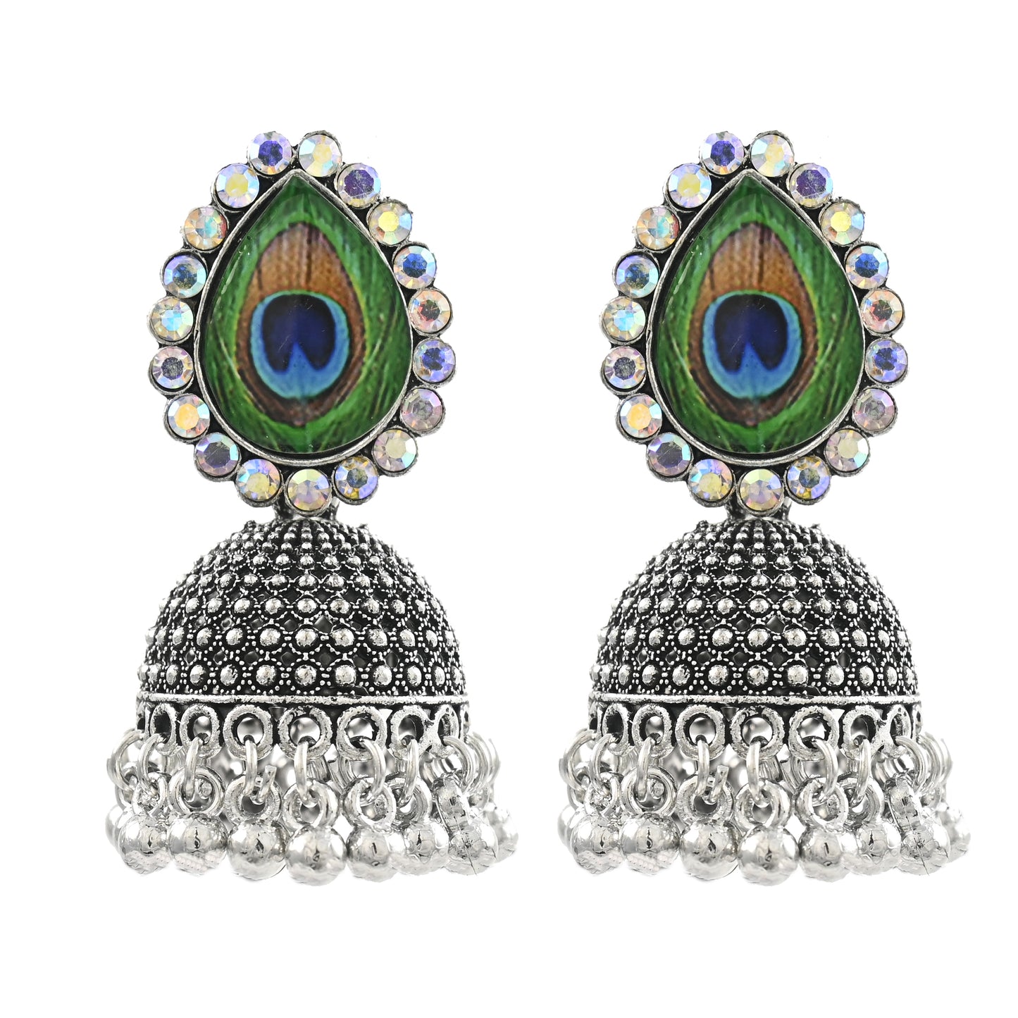 Oxidised Jhumka with Pearls & Crystals- Peacock