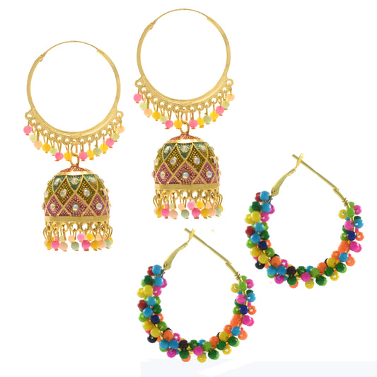 Multicolour Jhumka & Bali Earrings Combo with Pearls