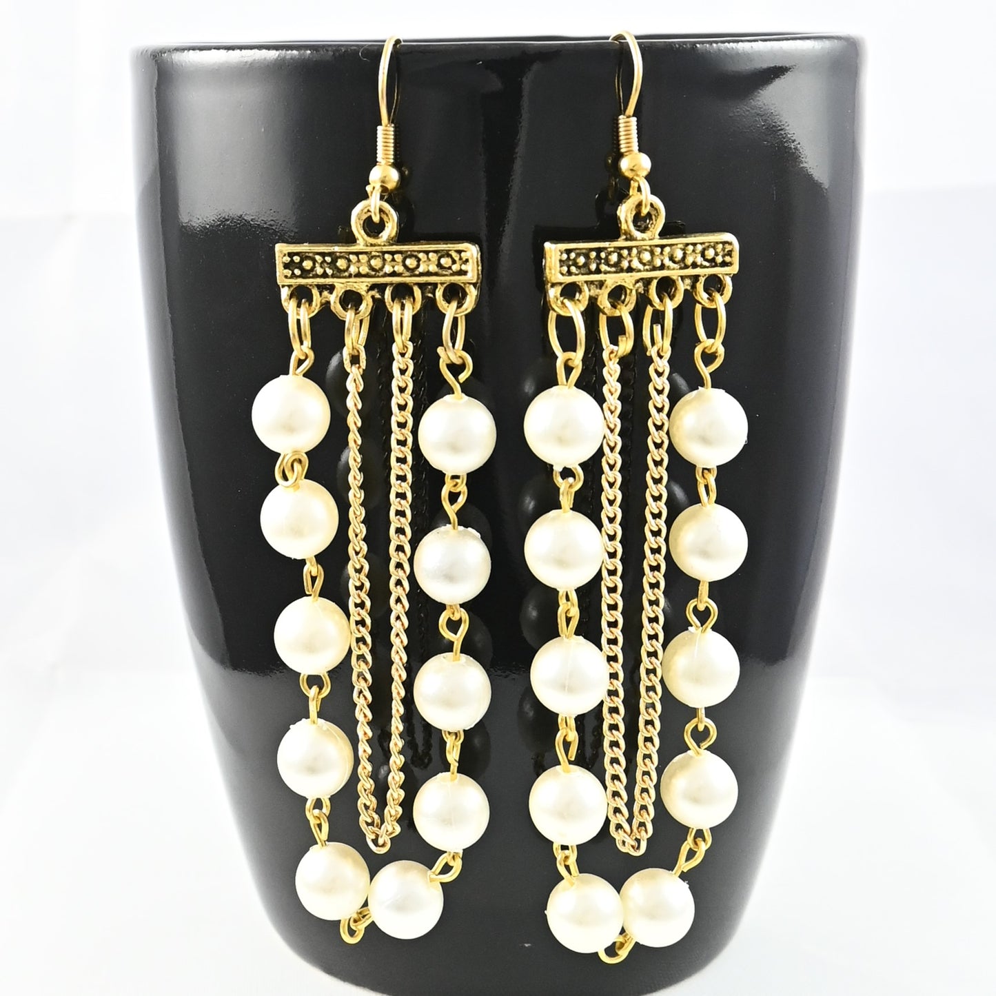 Long chain earrings with White Pearls