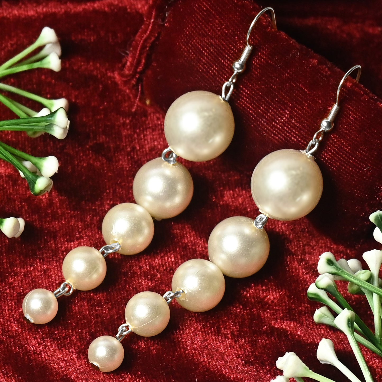 Long White Pearls Moti Earrings- Silver