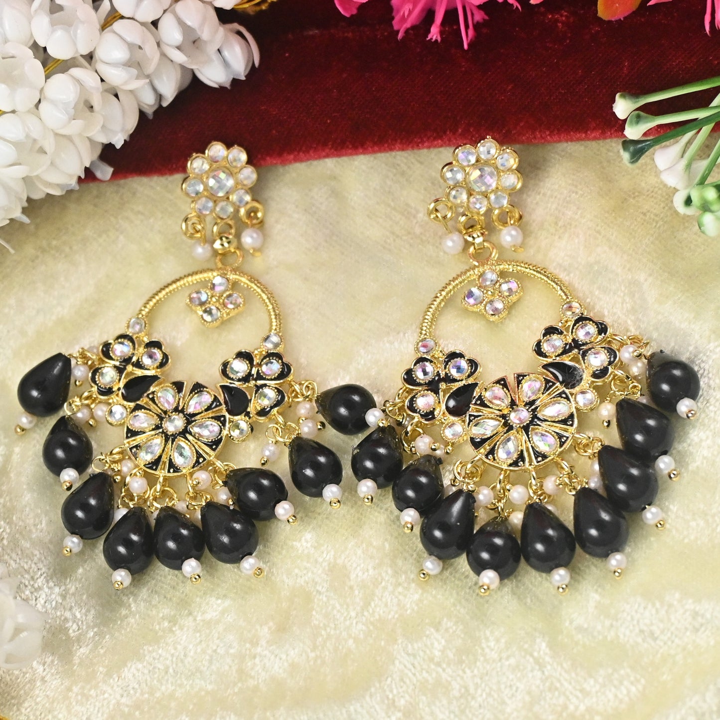 Pearl Kundan Dangle Earrings with Black Stones