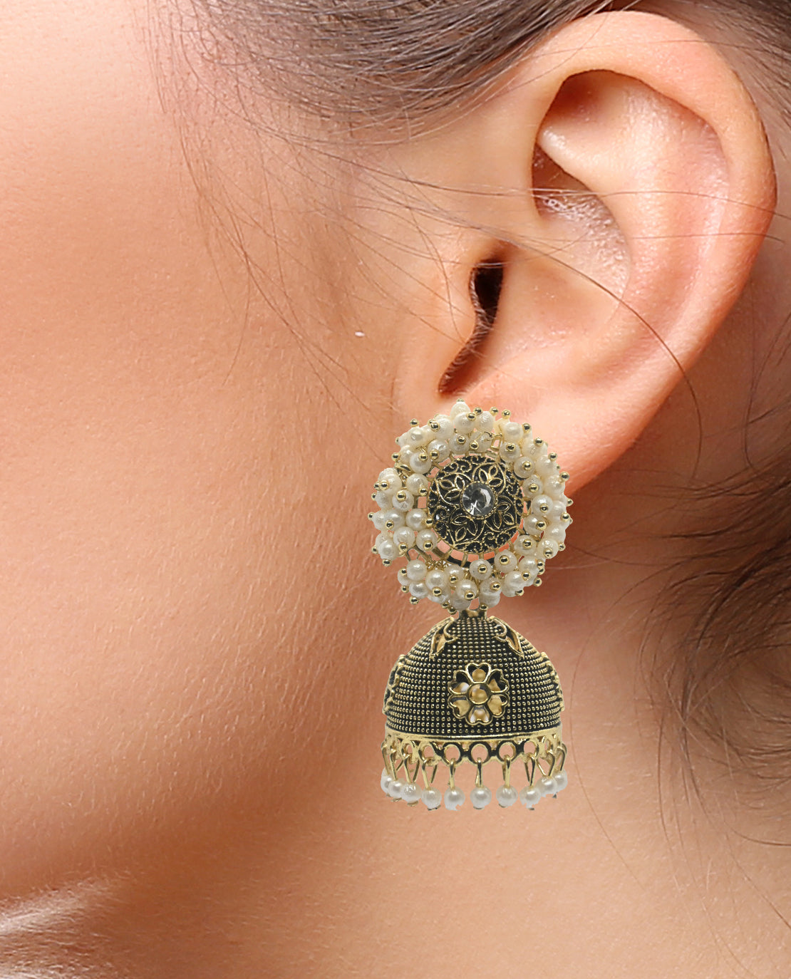 Gold Plated Jhumka Earrings with Pearls